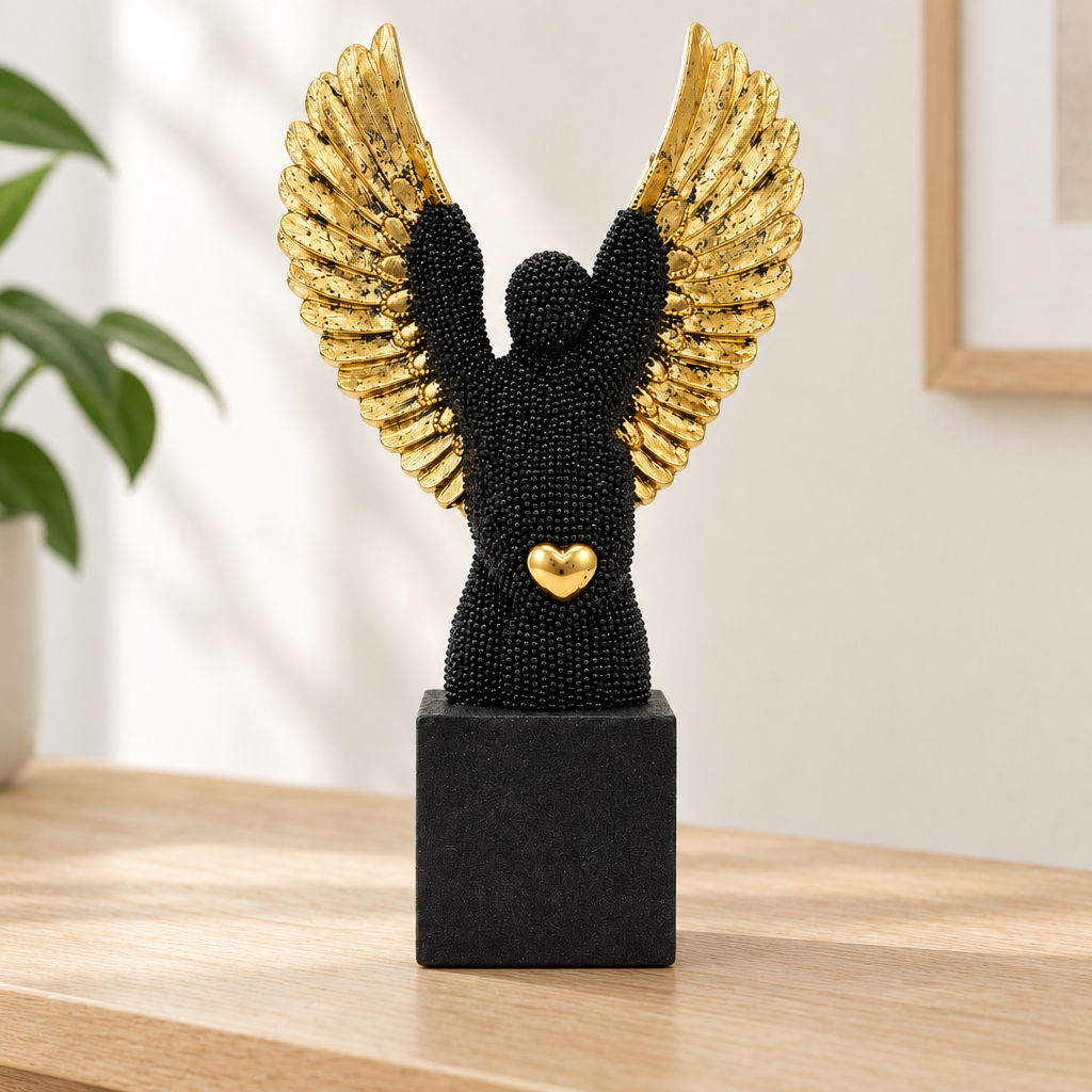 Ángel negro con alas doradas sobre repisa de madera