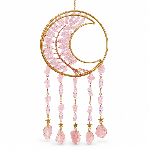 Atrapasol luna de cuarzo rosa sobre fondo blanco