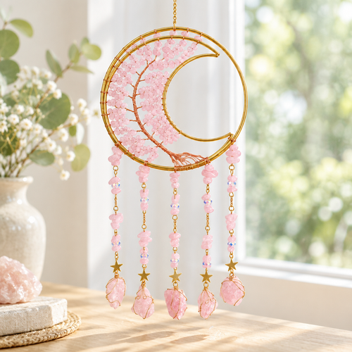 Atrapasol luna de cuarzo rosa sobre repisa de madera