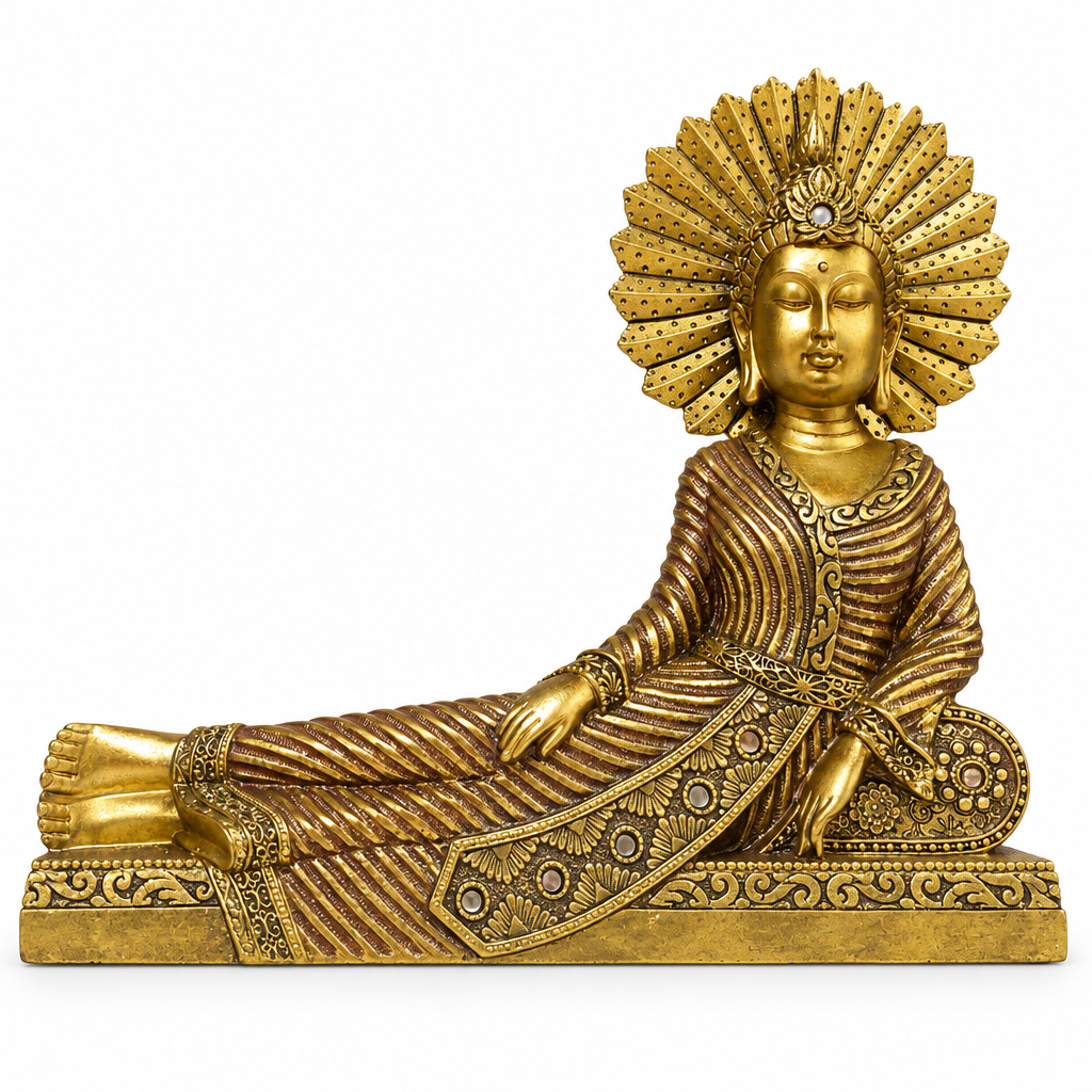 Buda dorado reclinado sobre fondo blanco