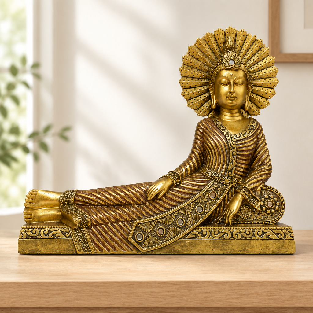 Buda dorado reclinado sobre repisa de madera