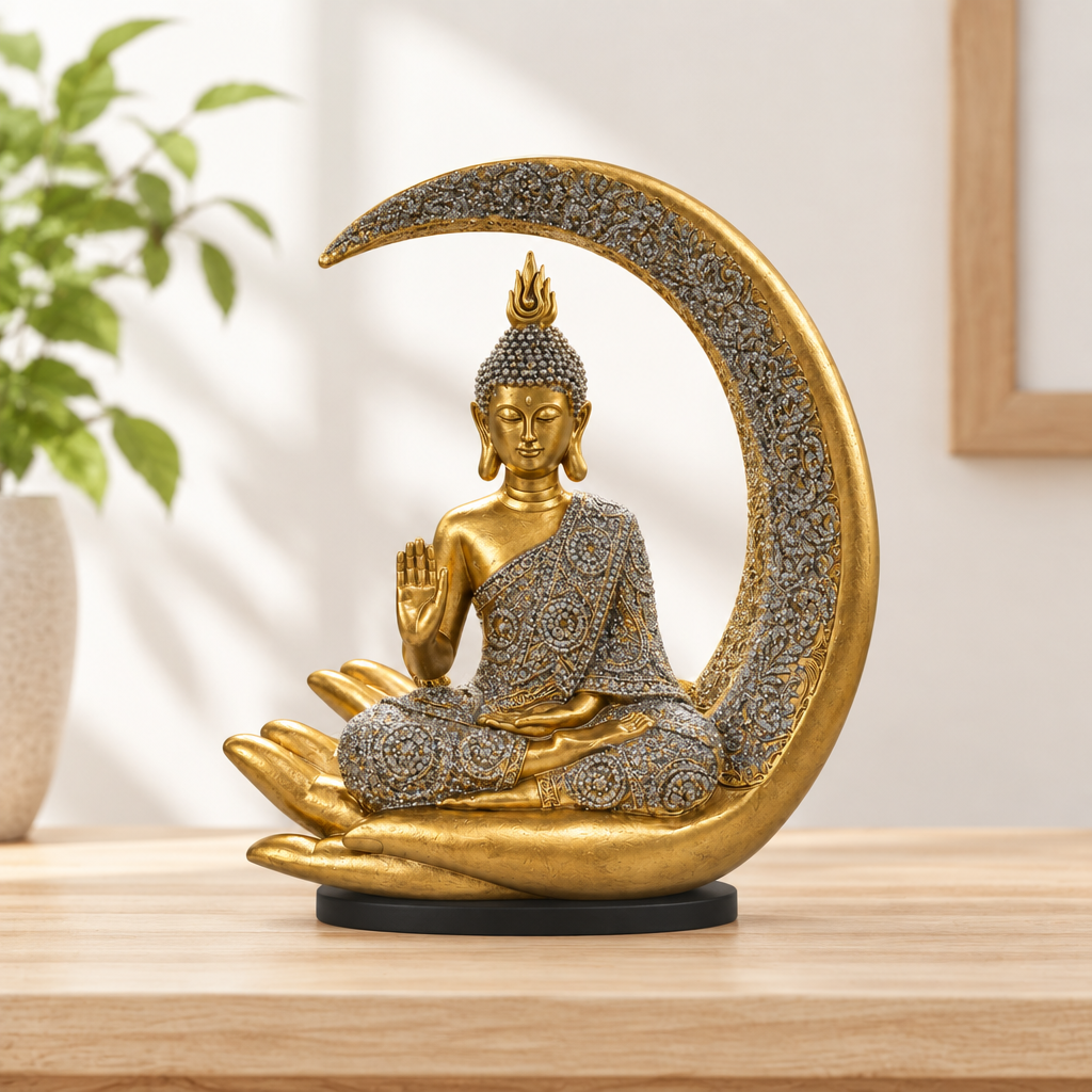 Buda mudra en luna dorada sobre repisa de madera