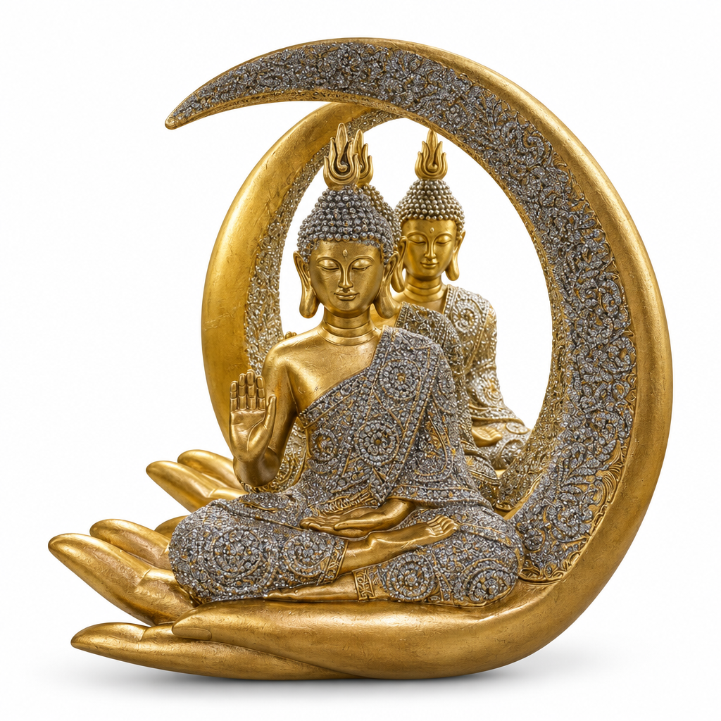 Buda mudra sentado en luna dorada sobre fondo blanco
