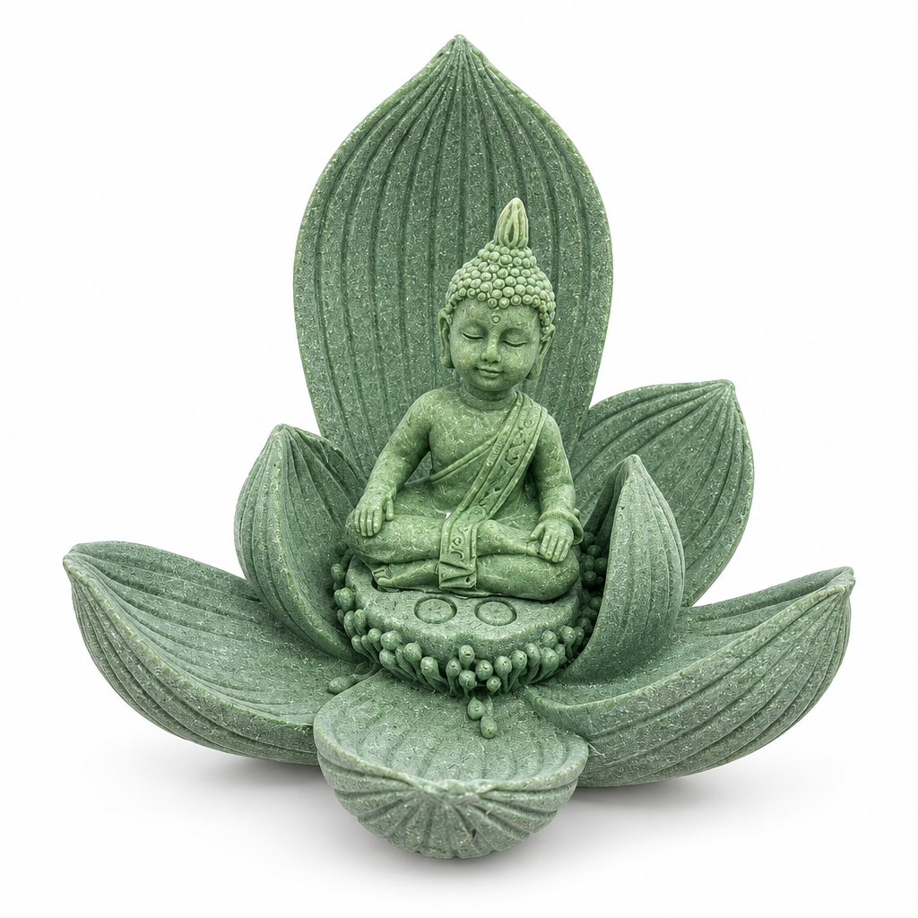 Buda sobre flor de loto verde sobre fondo blanco