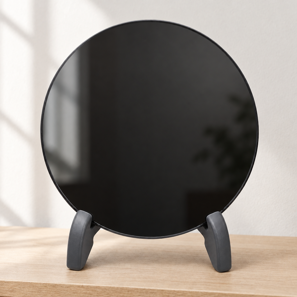 Espejo de obsidiana con soporte sobre repisa de madera