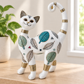 Gato decorativo blanco sobre repisa de madera