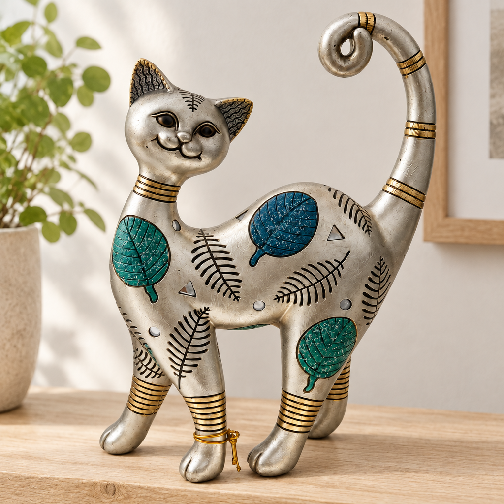 Gato decorativo plateado sobre repisa de madera
