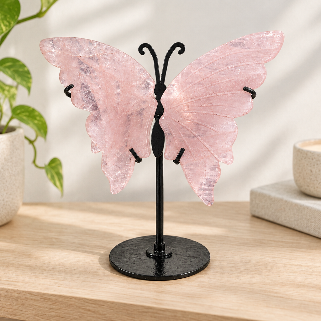 Mariposa de cuarzo rosa sobre repisa de madera