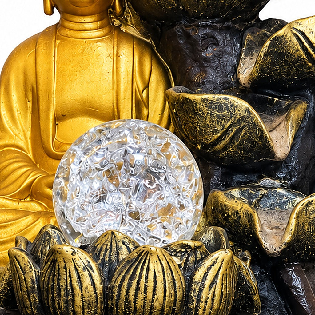 Fuente de agua Buda con esfera de cristal, detalle de la esfera y el loto