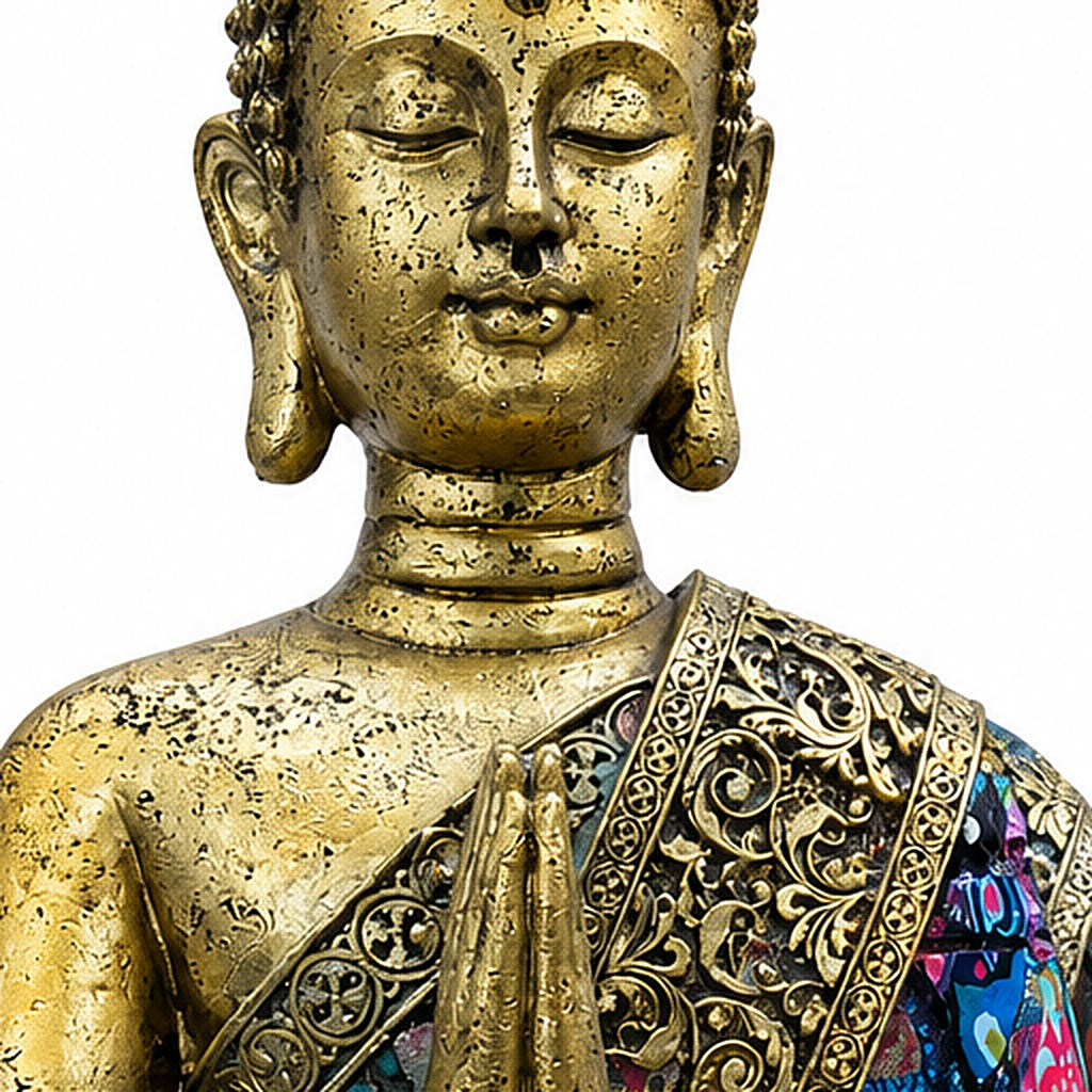 Buda grande dorado, detalle del rostro y las manos
