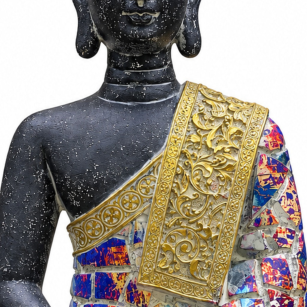 Buda de mosaico negro, detalle del mosaico y la banda dorada