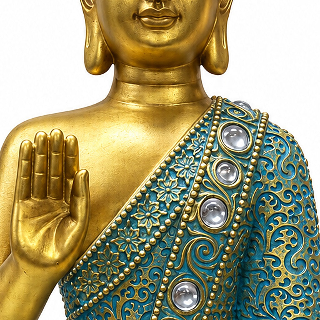 Buda celeste con mano en mudra, detalle de la túnica y los cristales