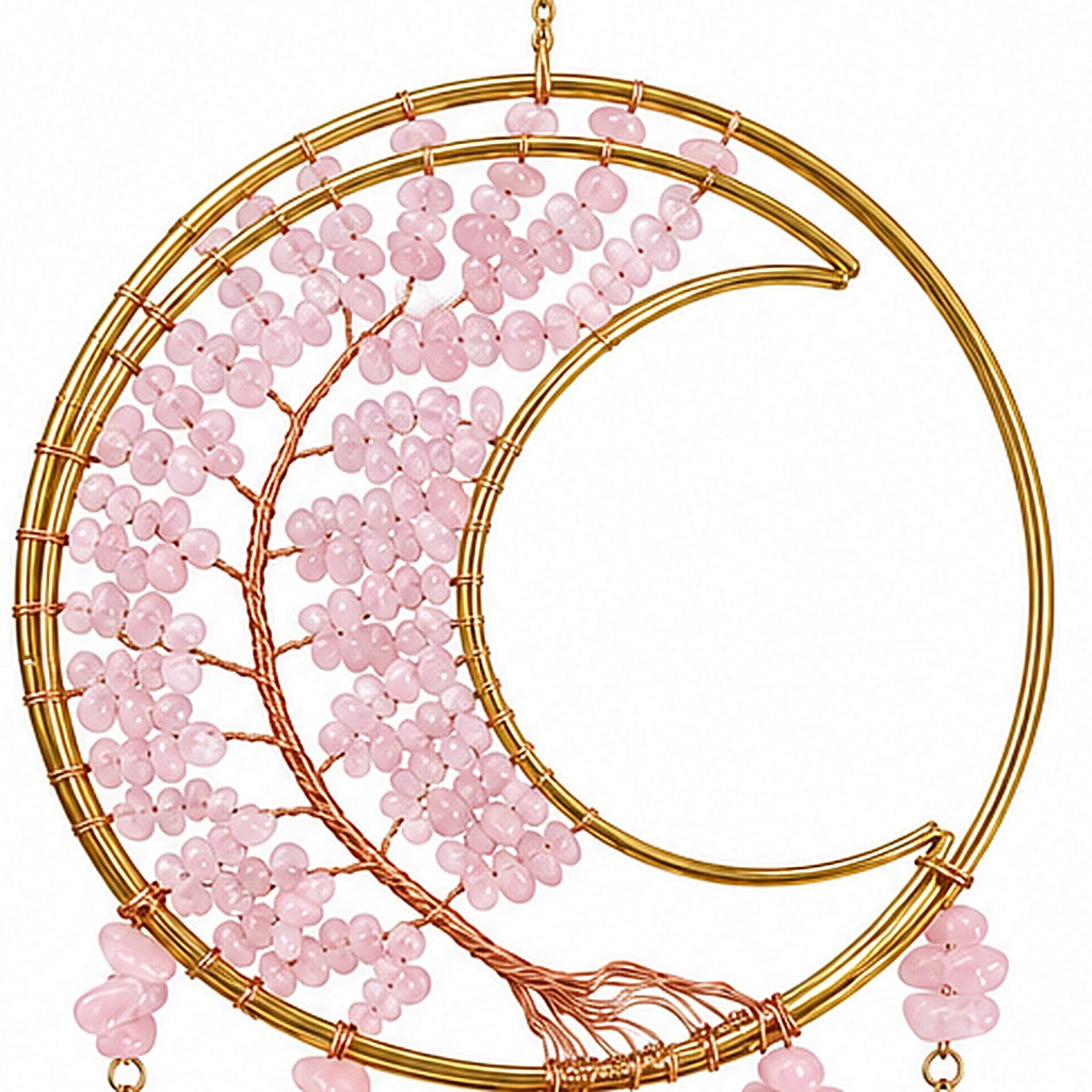 Atrapasol luna de cuarzo rosa, detalle de las piedras