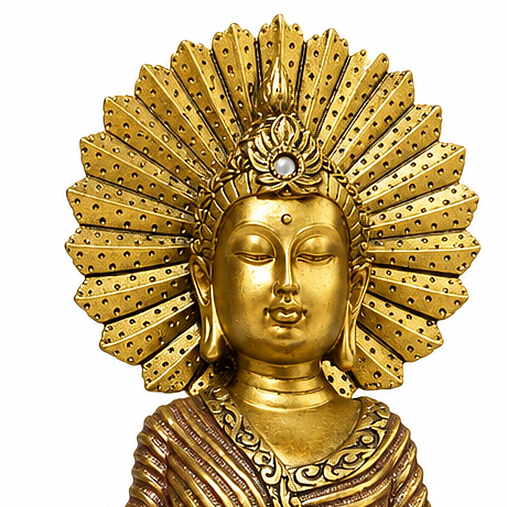 Buda dorado reclinado, detalle del rostro y la aureola