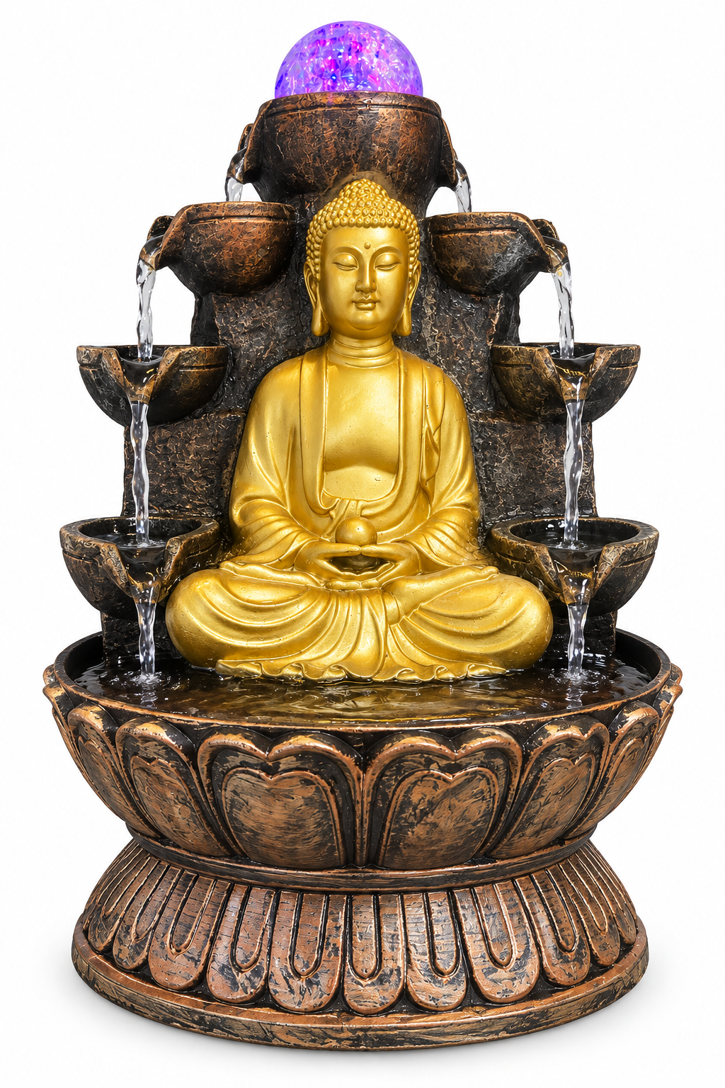 Fuente de agua Buda dorado sobre loto