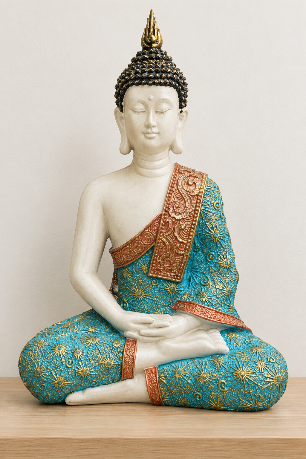 Buda celeste meditando sobre repisa de madera