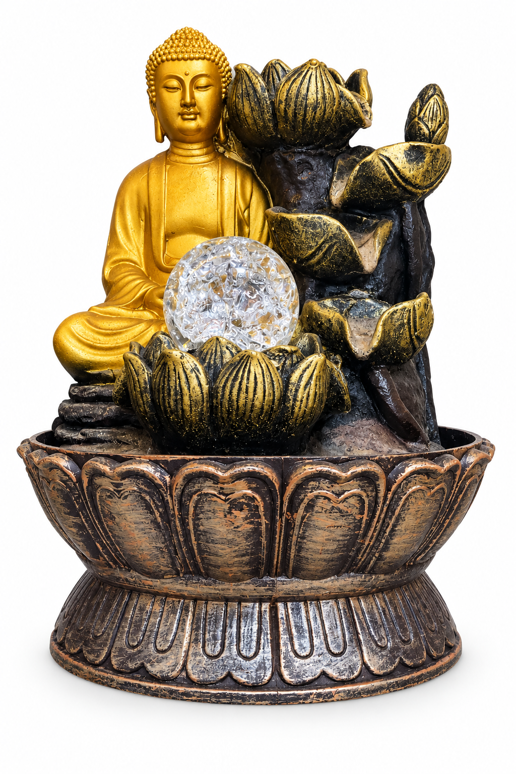 Fuente de agua Buda dorado con esfera de cristal