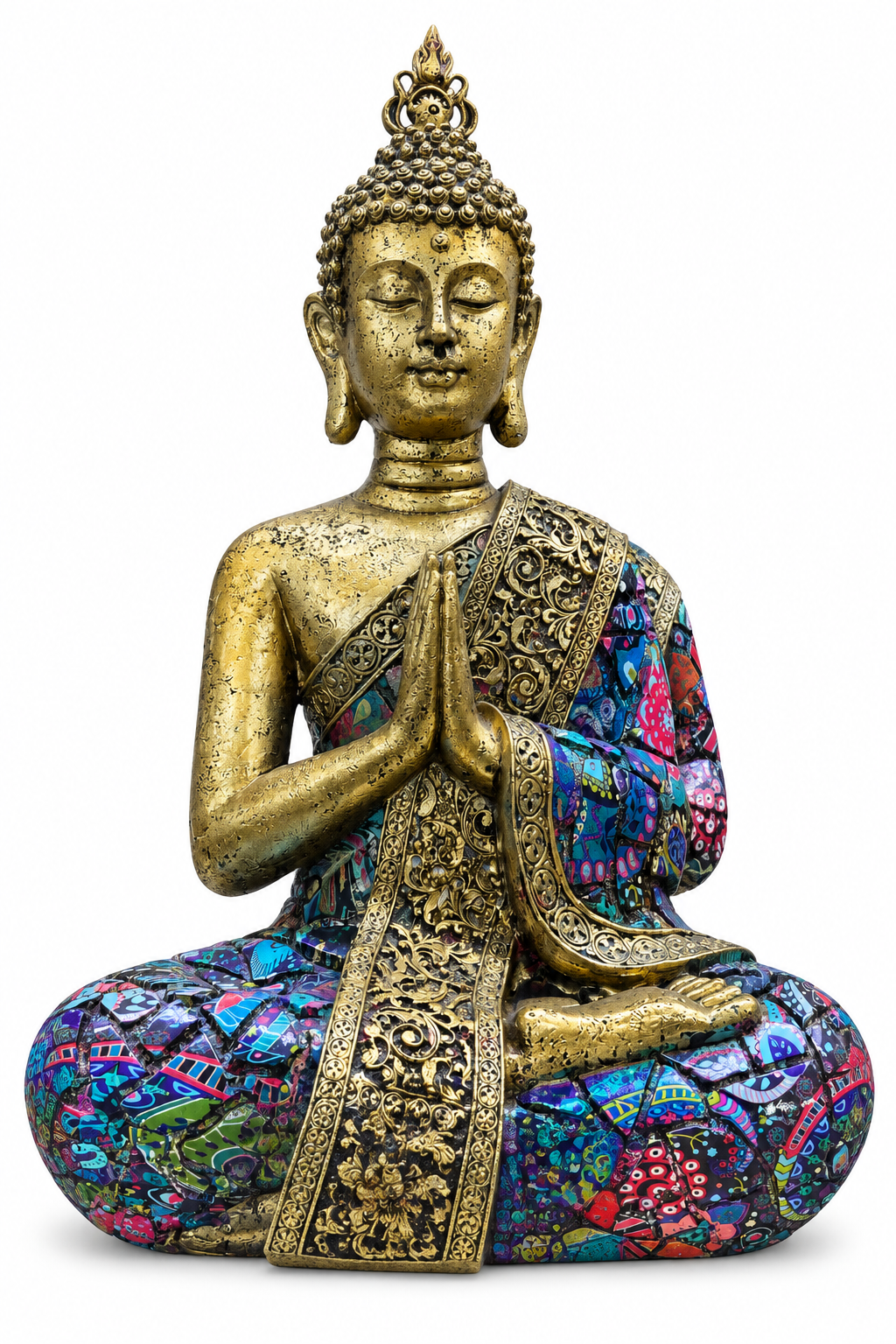 Buda grande dorado con mosaico multicolor