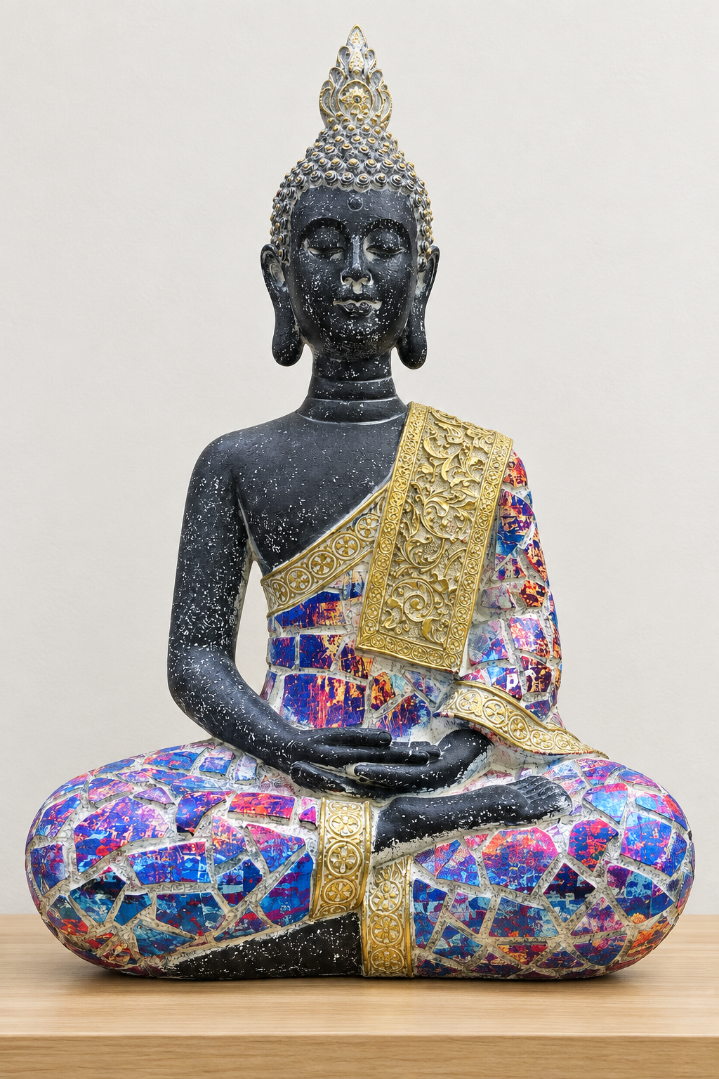 Buda de mosaico negro sobre repisa de madera