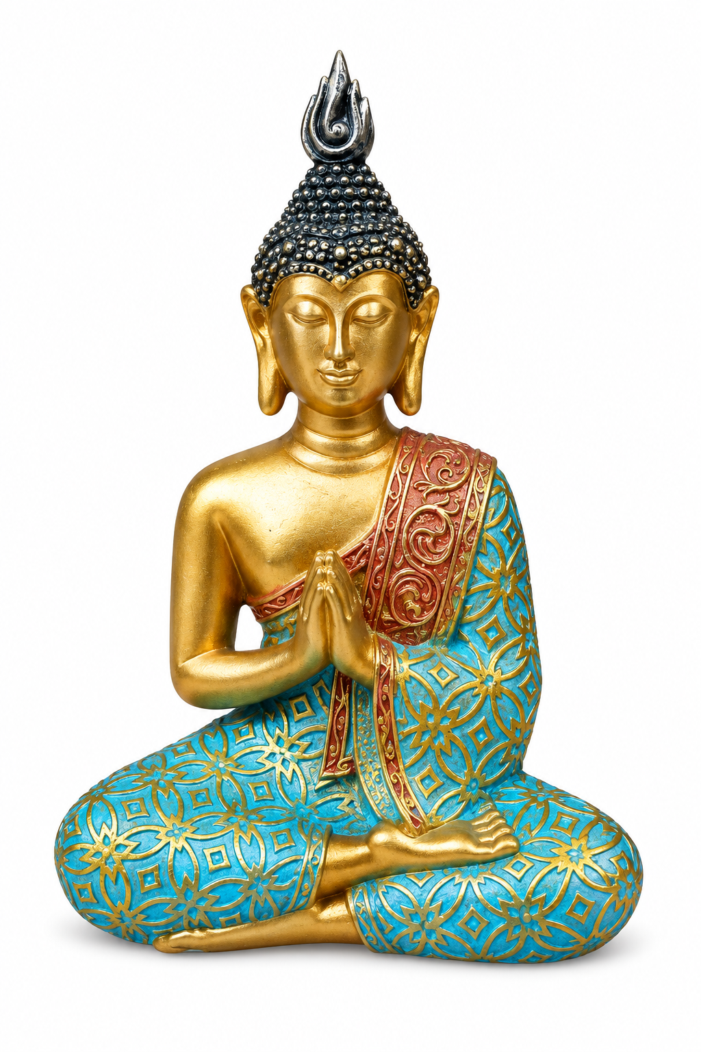 Buda turquesa y dorado en oración