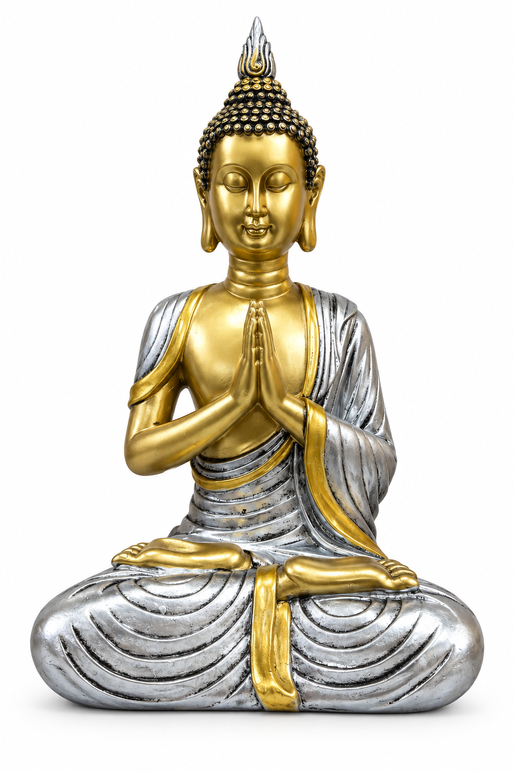 Buda plateado y dorado en oración